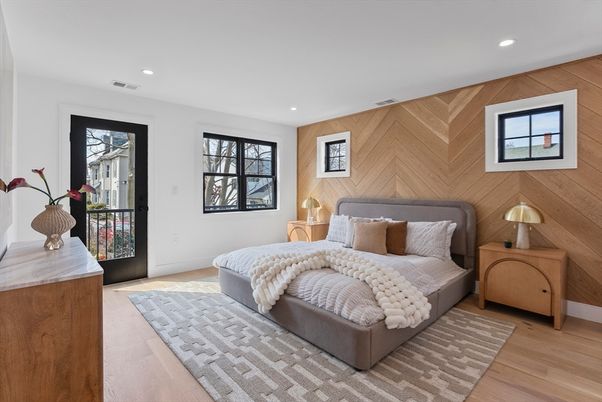 Bedroom, Interior, Recessed Lighting, Wood Texture Flooring, Wooden Walls