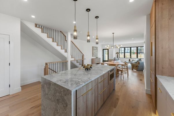 Dining room, Interior, Kitchen, Living room, Pendant Lights, Recessed Lighting, Wood Texture Flooring