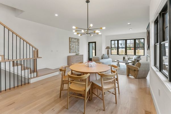 Dining room, Interior, Living room, Pendant Lights, Recessed Lighting, Wood Texture Flooring
