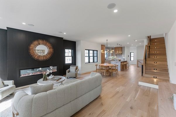 Dining room, Fireplace, Interior, Living room, Pendant Lights, Recessed Lighting, Wood Texture Flooring