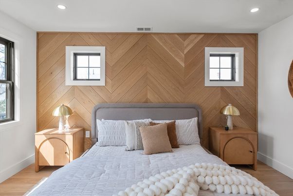 Bedroom, Interior, Recessed Lighting, Wood Texture Flooring, Wooden Walls