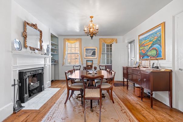 Chandelier, Dining room, Fireplace, Interior, Wood Texture Flooring