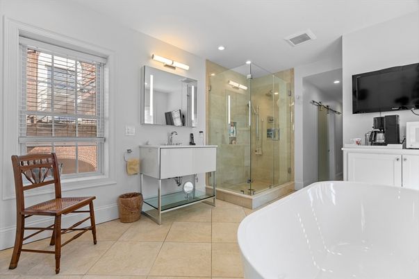 Bathroom, Free Standing Baths, Glass Shower, Interior, Recessed Lighting