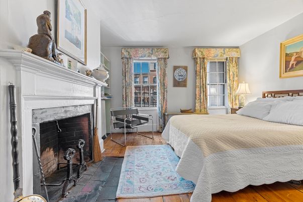 Bedroom, Fireplace, Interior, Wood Texture Flooring