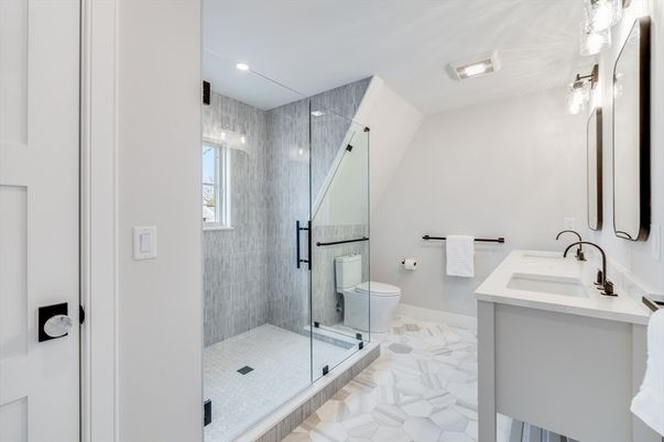 Bathroom, Dual Sink Vanities, Glass Shower, Interior, Marble, Recessed Lighting