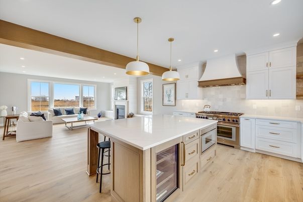Fireplace, Interior, Kitchen, Living room, Pendant Lights, Recessed Lighting, Stainless Steel Appliances, Wood Texture Flooring