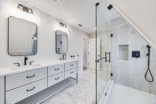 Bathroom, Dual Sink Vanities, Glass Shower, Interior, Marble