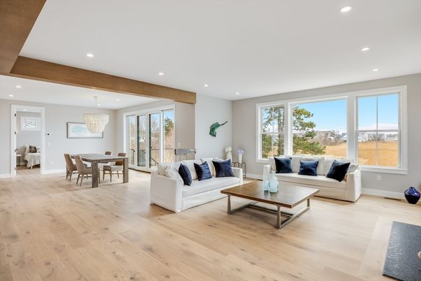 Chandelier, Dining room, Interior, Living room, Pendant Lights, Recessed Lighting, Wooden Beams, Wood Texture Flooring