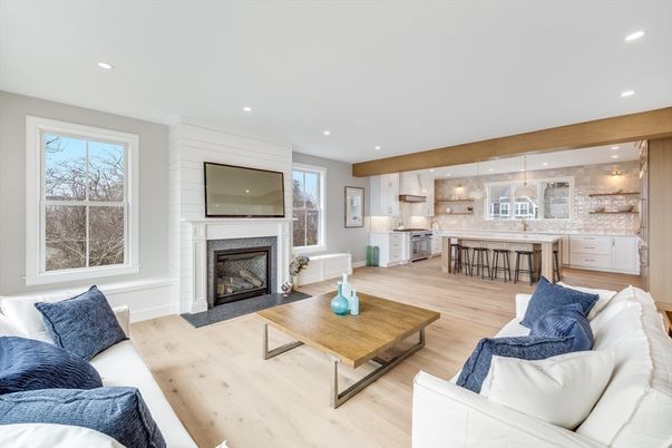 Fireplace, Interior, Kitchen, Living room, Pendant Lights, Recessed Lighting, Wooden Beams, Wood Texture Flooring