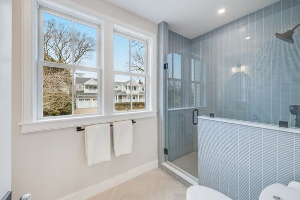 Bathroom, Glass Shower, Interior, Recessed Lighting, Wood Texture Flooring