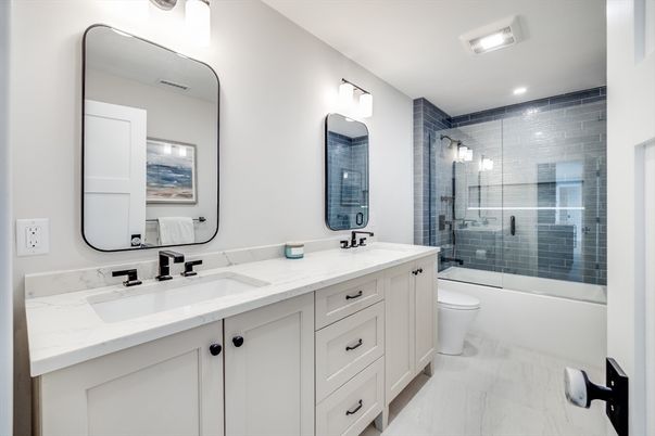 Bathroom, Dual Sink Vanities, Glass Shower, Interior, Marble, Recessed Lighting