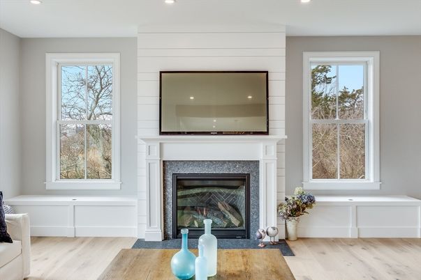 Fireplace, Interior, Recessed Lighting, Wood Texture Flooring