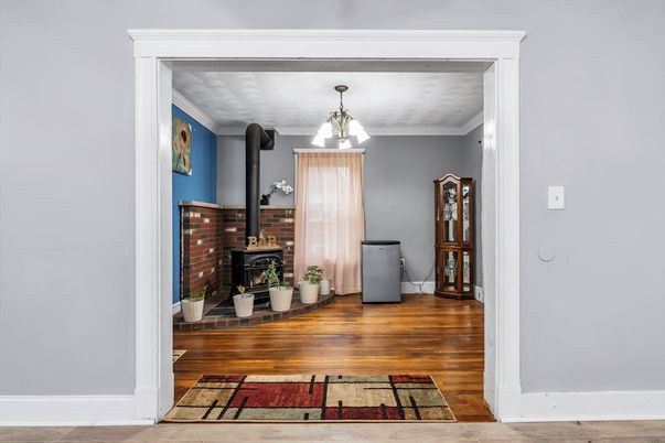 Fireplace, Interior, Pendant Lights, Wood Texture Flooring