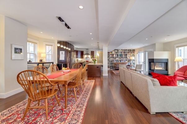 Dining room, Fireplace, Interior, Kitchen, Living room, Pendant Lights, Recessed Lighting, Wood Texture Flooring