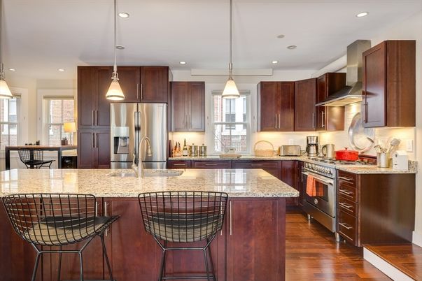 Interior, Kitchen, Pendant Lights, Recessed Lighting, Stainless Steel Appliances, Wood Texture Flooring