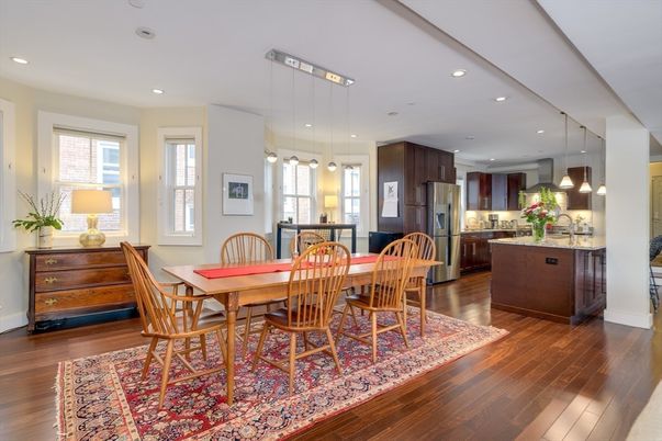 Dining room, Interior, Kitchen, Pendant Lights, Recessed Lighting, Wood Texture Flooring