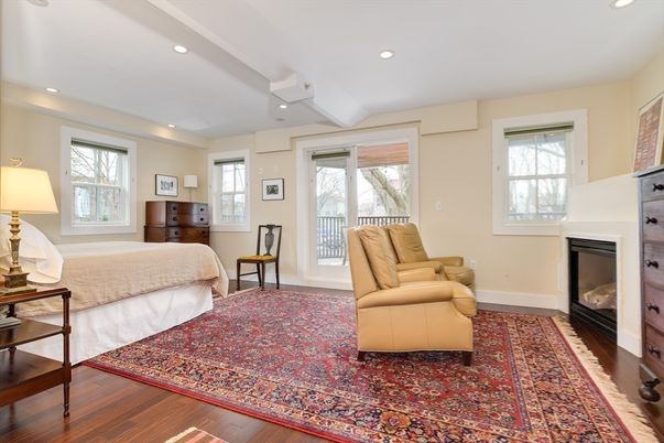 Bedroom, Fireplace, Interior, Recessed Lighting, Wood Texture Flooring