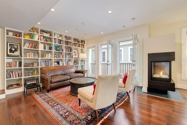 Fireplace, Interior, Living room, Recessed Lighting, Wood Texture Flooring