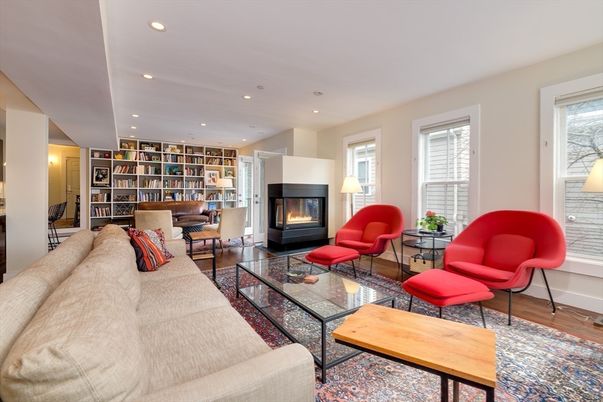 Fireplace, Interior, Living room, Recessed Lighting, Wood Texture Flooring