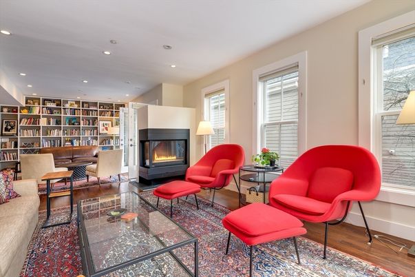 Fireplace, Interior, Living room, Recessed Lighting, Wood Texture Flooring