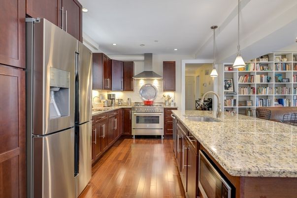 Interior, Kitchen, Pendant Lights, Recessed Lighting, Stainless Steel Appliances, Wood Texture Flooring