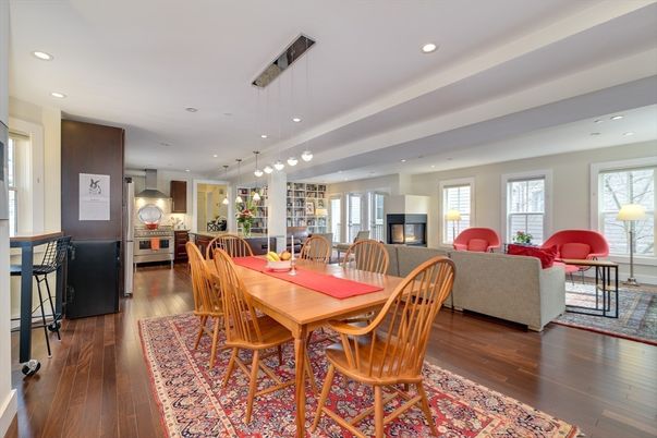 Dining room, Fireplace, Interior, Kitchen, Living room, Pendant Lights, Recessed Lighting, Stainless Steel Appliances, Wood Texture Flooring