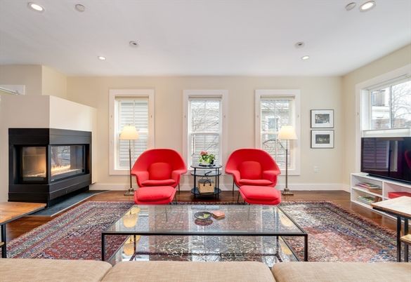Fireplace, Interior, Living room, Recessed Lighting, Wood Texture Flooring