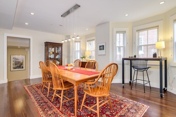 Dining room, Interior, Pendant Lights, Recessed Lighting, Wood Texture Flooring