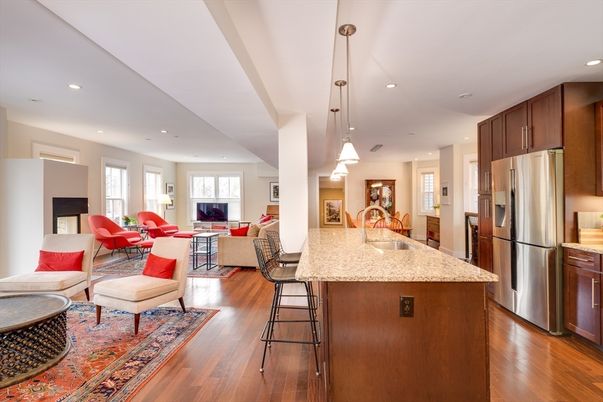 Interior, Kitchen, Living room, Pendant Lights, Recessed Lighting, Stainless Steel Appliances, Wood Texture Flooring