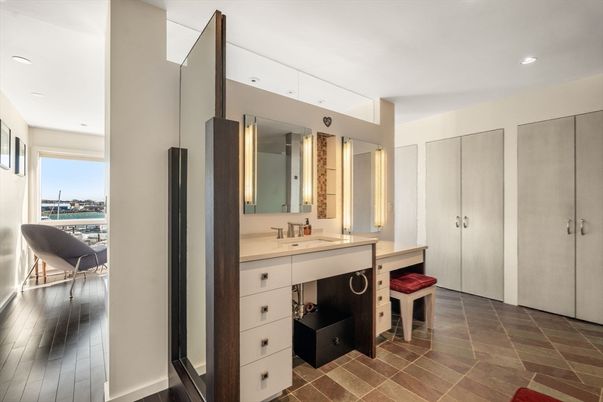 Bathroom, Interior, Recessed Lighting, Wood Texture Flooring