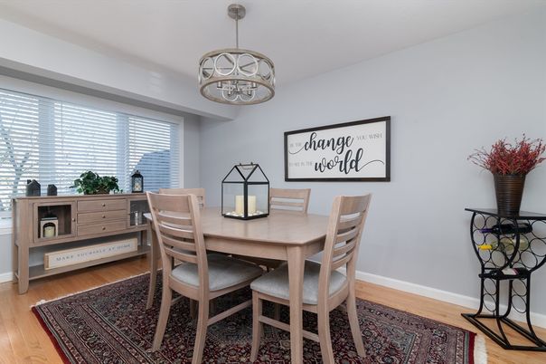 Dining room, Interior, Pendant Lights, Wood Texture Flooring
