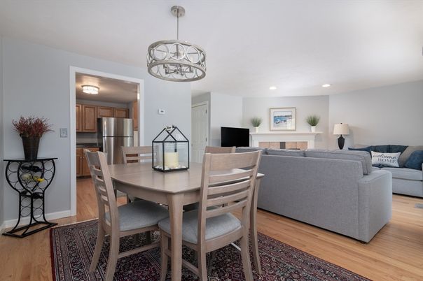 Dining room, Interior, Kitchen, Living room, Pendant Lights, Recessed Lighting, Stainless Steel Appliances, Wood Texture Flooring