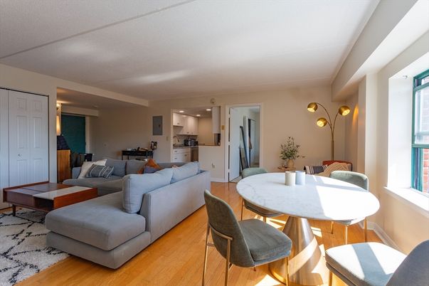 Dining room, Interior, Kitchen, Living room, Recessed Lighting, Wood Texture Flooring