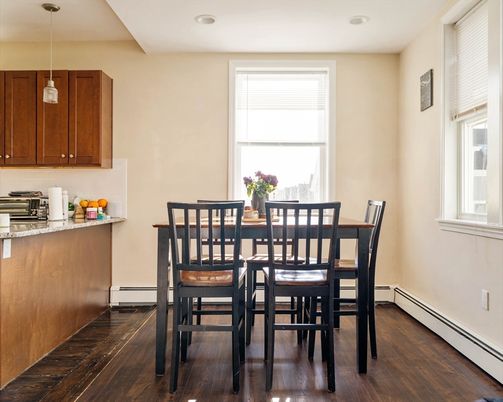 Dining room, Interior, Pendant Lights, Recessed Lighting, Wood Texture Flooring