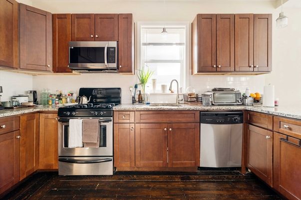 Interior, Kitchen, Pendant Lights, Stainless Steel Appliances, Wood Texture Flooring