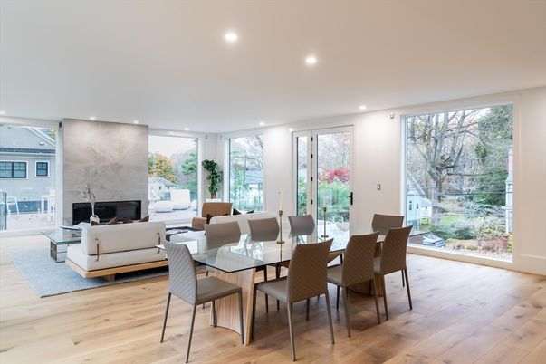 Dining room, Fireplace, Interior, Living room, Recessed Lighting, Wood Texture Flooring