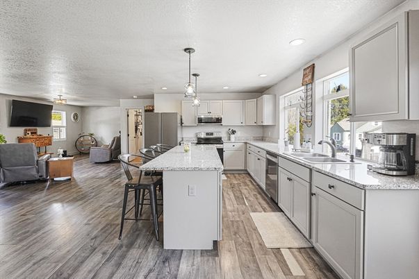 Interior, Kitchen, Living room, Pendant Lights, Recessed Lighting, Stainless Steel Appliances, Wood Texture Flooring