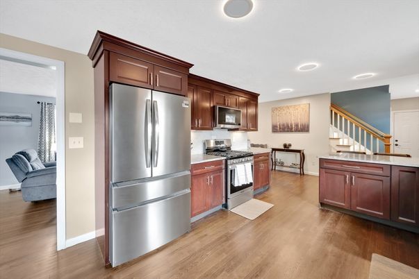 Interior, Kitchen, Recessed Lighting, Stainless Steel Appliances, Wood Texture Flooring