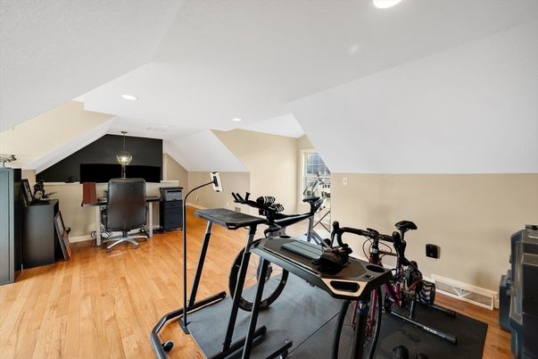 Fitness Equipment, Home Office, Interior, Recessed Lighting, Wood Texture Flooring