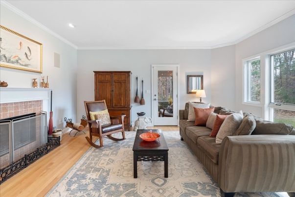 Fireplace, Interior, Living room, Recessed Lighting, Wood Texture Flooring