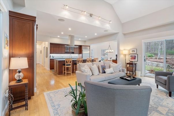 Dining room, Interior, Kitchen, Living room, Pendant Lights, Recessed Lighting, Stainless Steel Appliances, Wood Texture Flooring