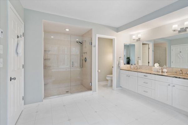 Bathroom, Dual Sink Vanities, Glass Shower, Interior, Recessed Lighting