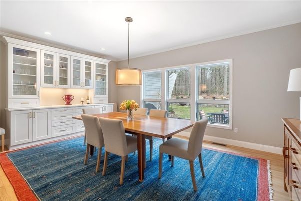 Dining room, Interior, Pendant Lights, Recessed Lighting, Wood Texture Flooring