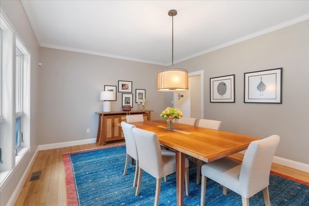 Dining room, Interior, Pendant Lights, Wood Texture Flooring