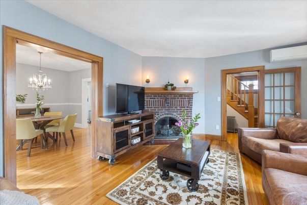 Chandelier, Dining room, Fireplace, Interior, Living room, Wood Texture Flooring