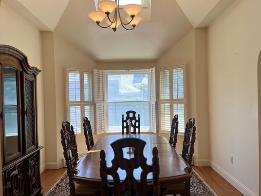 Chandelier, Dining room, Interior, Wood Texture Flooring
