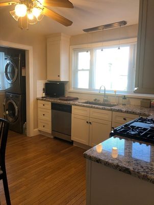 Interior, Kitchen, Pendant Lights, Washer, Wood Texture Flooring