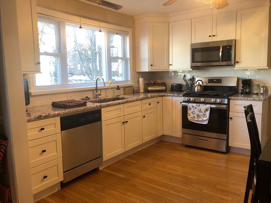 Interior, Kitchen, Pendant Lights, Stainless Steel Appliances, Wood Texture Flooring