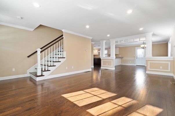 Chandelier, Empty room, Interior, Recessed Lighting, Wood Texture Flooring
