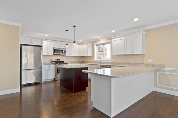 Interior, Kitchen, Pendant Lights, Recessed Lighting, Stainless Steel Appliances, Wood Texture Flooring